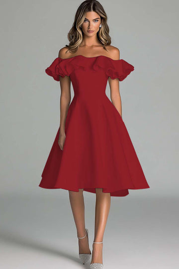 Black Off The Shoulder A Line Midi Cocktail Dress With Ruffles